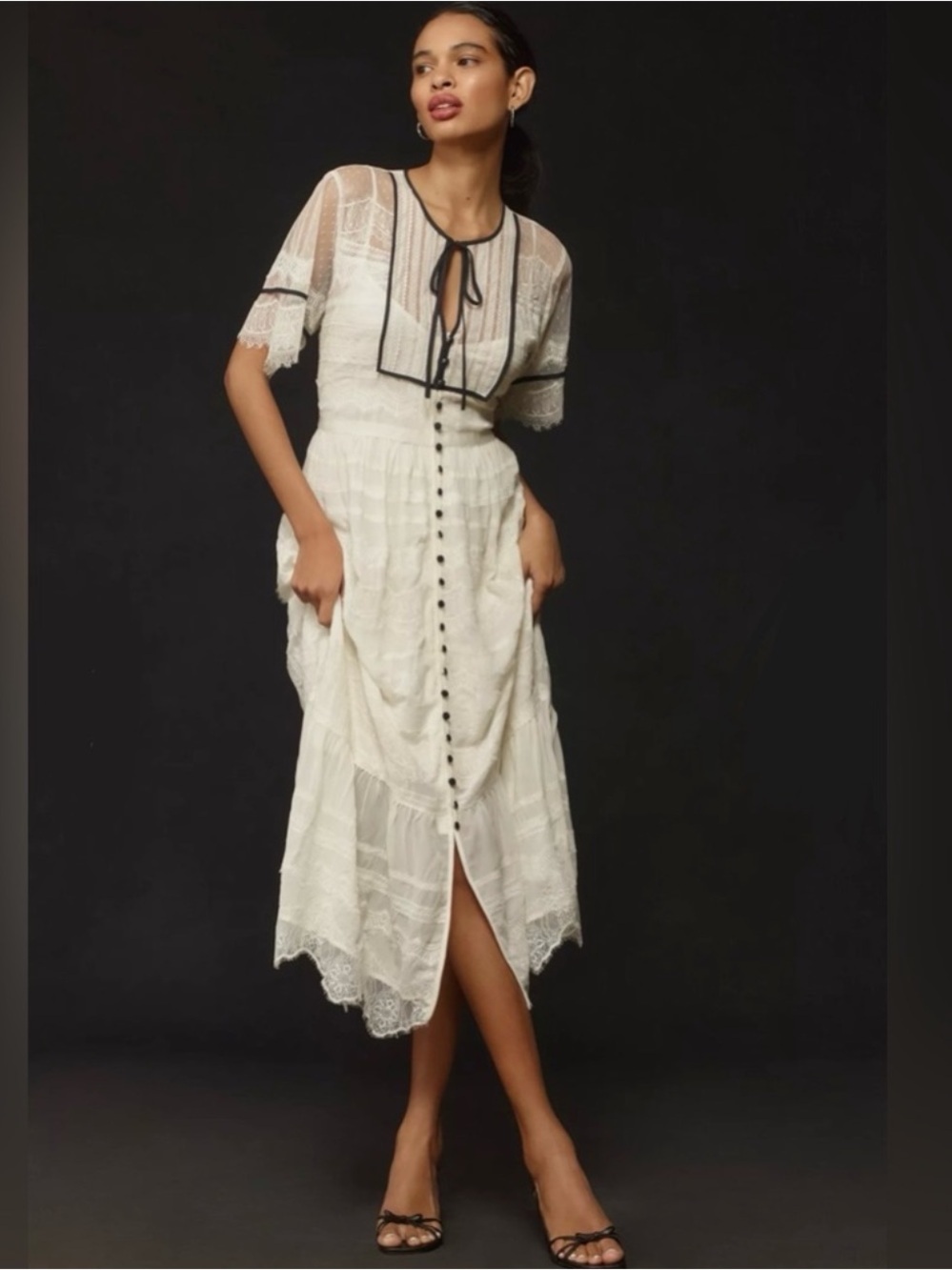 Anthropologie Short-Sleeve Button-Front Lace Midi Dress Size 12P